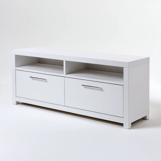 Biała szafka RTV z płyty MDF 120 x 40 x 60 cm, 2 szuflady i 2 otwarte wnęki