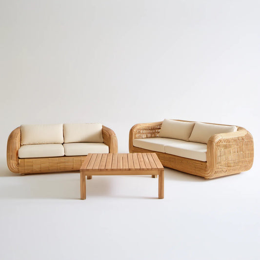 Naturalno-beżowy zestaw wypoczynkowy z rattanu PE z 2 sofami i stolikiem akacjowym, sofa 145 x 75 x 75 cm