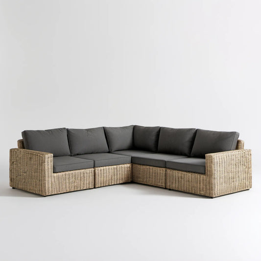 5-osobowa narożna sofa ogrodowa z technorattanu PE w kształcie L, beżowo-antracytowa, 270 x 210 x 65 cm