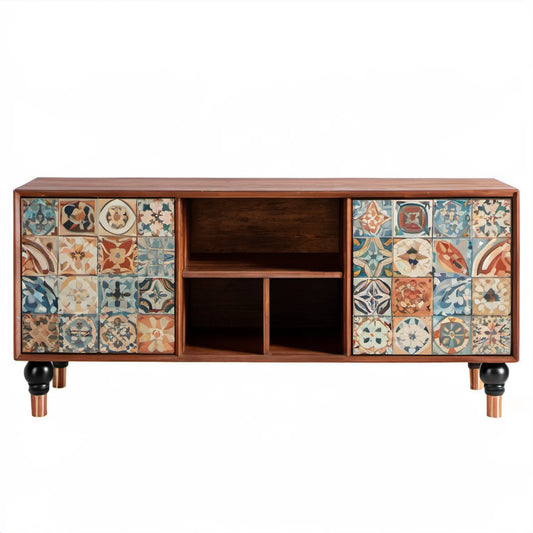Brązowa szafka RTV z drewna mango i płytek ceramicznych 160 x 40 x 75 cm