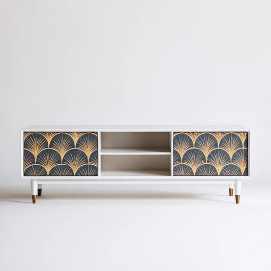 Biała szafka RTV art déco 160 x 40 x 65 cm z dekoracyjnymi frontami