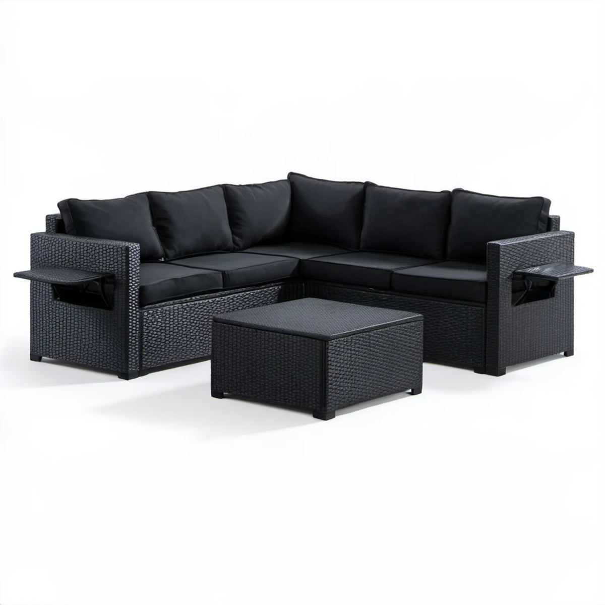 Czarny zestaw ogrodowy z sofą 3-osobową i stolikiem, rattan PE, 210 × 70 × 65 cm