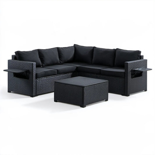 Czarny zestaw ogrodowy z sofą 3-osobową i stolikiem, rattan PE, 210 × 70 × 65 cm