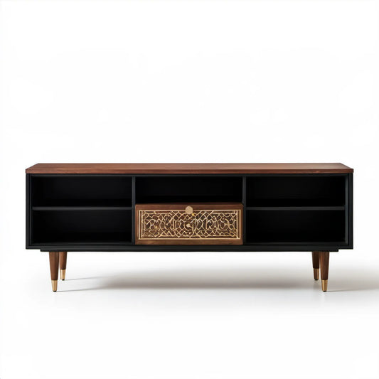 Szafka RTV 160 × 40 × 65 cm Orzechowa/Czarna/Złota z MDF i Stali