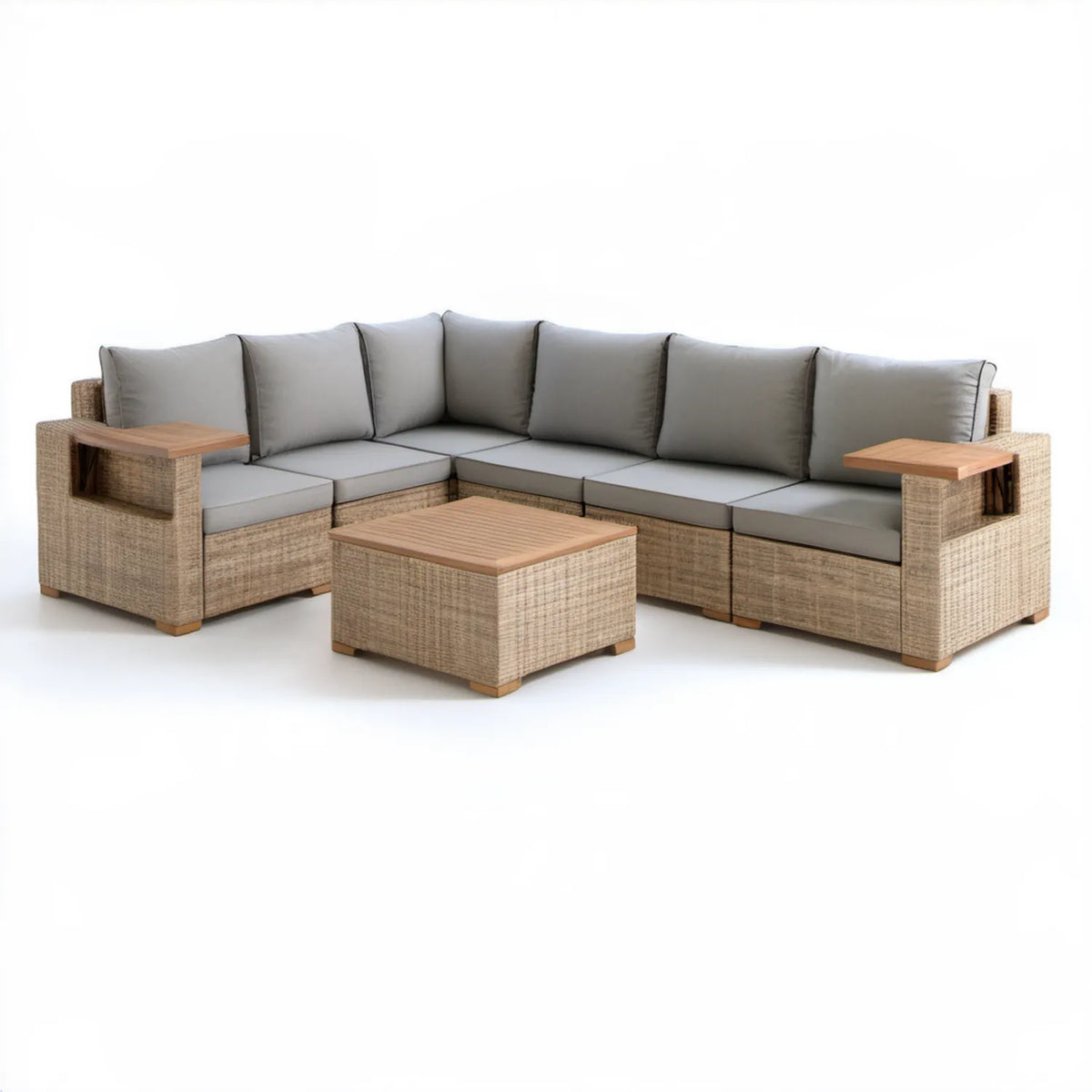 Narożny zestaw ogrodowy z technorattanu PE 300 x 220 x 65 cm beżowy/szary/brązowy ze stolikiem
