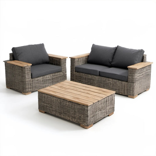 Zestaw wypoczynkowy z technorattanu PE z sofą 2-osobową, fotelem i stolikiem, szary/ciemnoszary/naturalny, sofa 140 x 75 x 70 cm