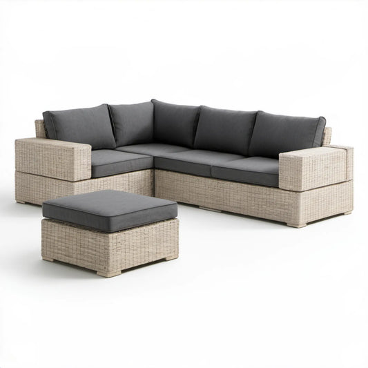 Narożna sofa ogrodowa z pufą z technorattanu PE, beżowo-grafitowa, 250 x 200 x 70 cm