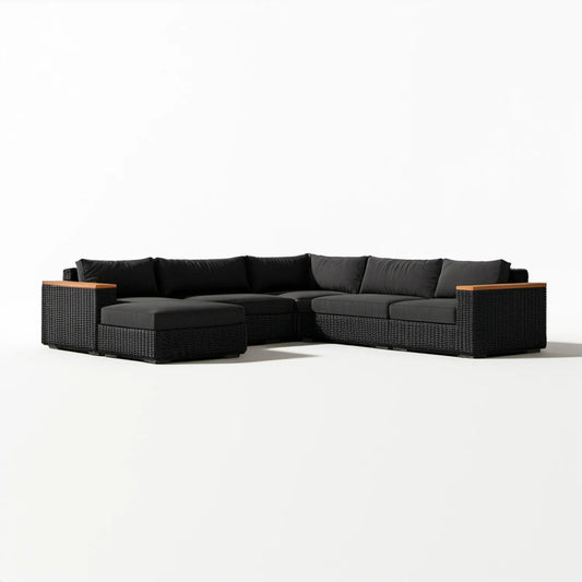 Modułowy narożnik ogrodowy z technorattanu w kształcie L, czarny/brązowy, 250 x 190 x 65 cm