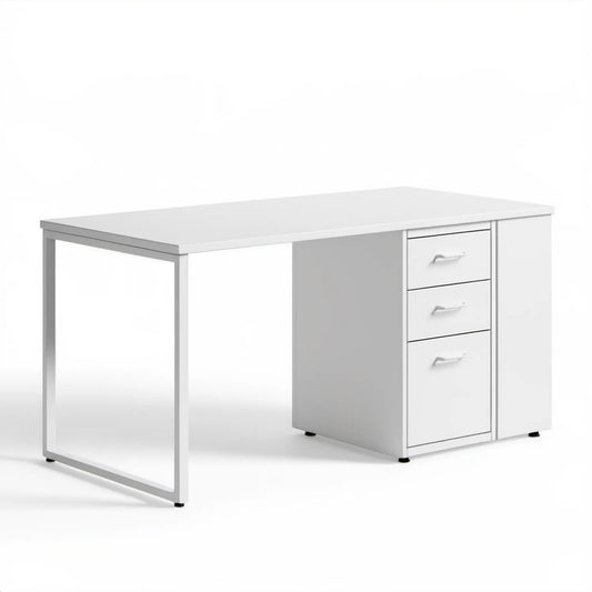 Białe biurko komputerowe 120 x 60 x 75 cm z 3 szufladami i szafką