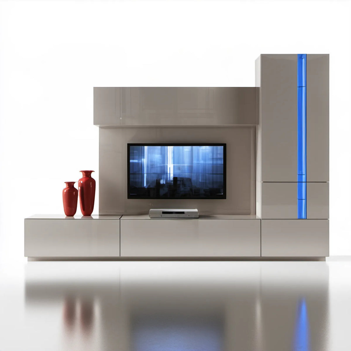 Zestaw mebli RTV taupe z niebieskim akcentem, 300 x 45 x 200 cm