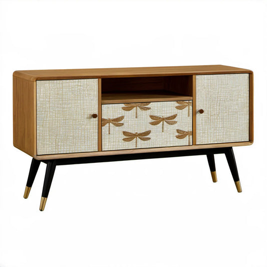 Szafka RTV retro 120 x 40 x 75 cm brązowo-kremowo-czarno-złota z 2 drzwiami i szufladą